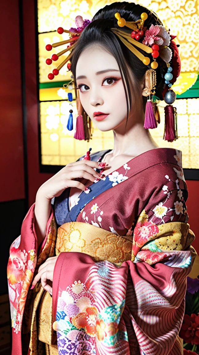 4K, masterpiece, High resolution, Absurd,Natural volumetric lighting and amazing shadows, 笑face,The depth of the written world,soft delicate beautiful attractive face, Beautiful Edge Oiran_woman, a woman in a kimono posing for a picture ,Perfect Edge Oiran_face,Perfect Edge Oiran_body,edg oiran_Compensate,edg oiran_Hairstyle