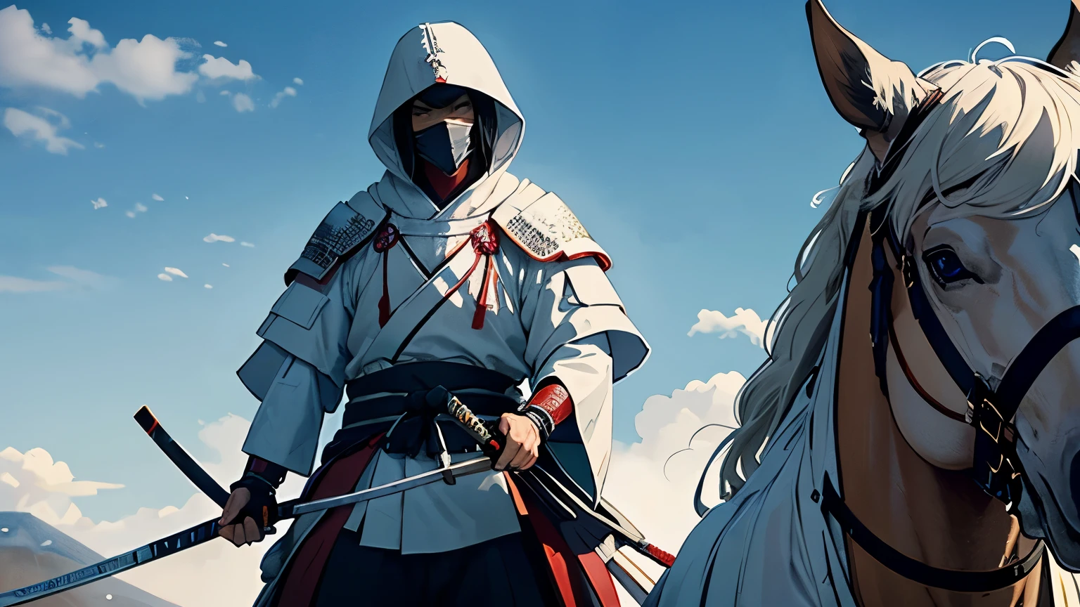 Wearing a white hood、Riding a horse、Kenshin Uesugi、Wearing intricately designed traditional samurai armor、
Famous people in Japanese history、He has a stern look、Has an intimidating presence