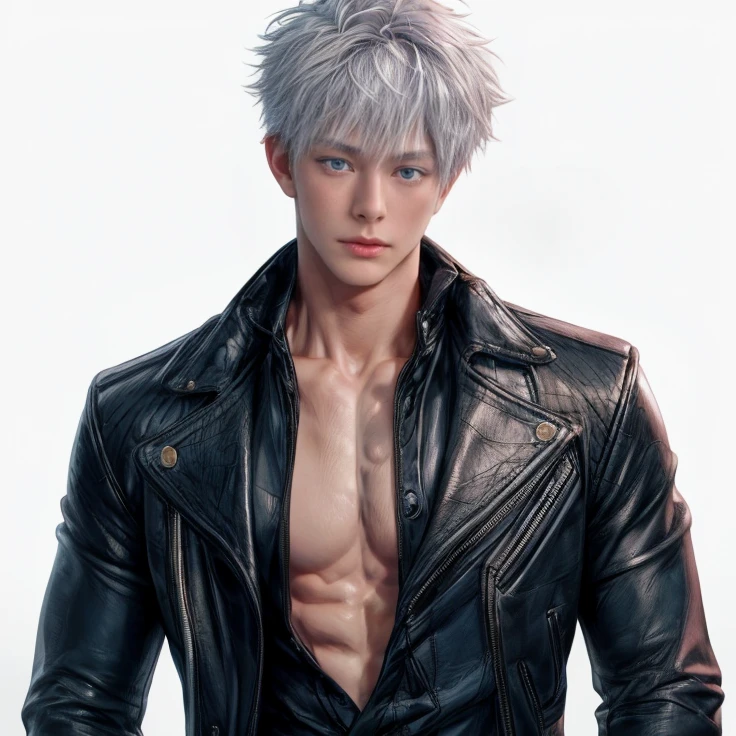 1 male, handsome Japanese male model, high resolution 4k, adult, perfect face, detailed eyes and face, muscular, white eyebrow hair, white eyelashes, Naked torso, Detailed face, perfect face, real skin texture, detail Perfect hand, details, Real and complete hand details, unreal engine, hd picture, satoru gojo, Jujutsu kaisen, white hair, short hair ,hair between eyes ,blue eyes, white skin, jacket