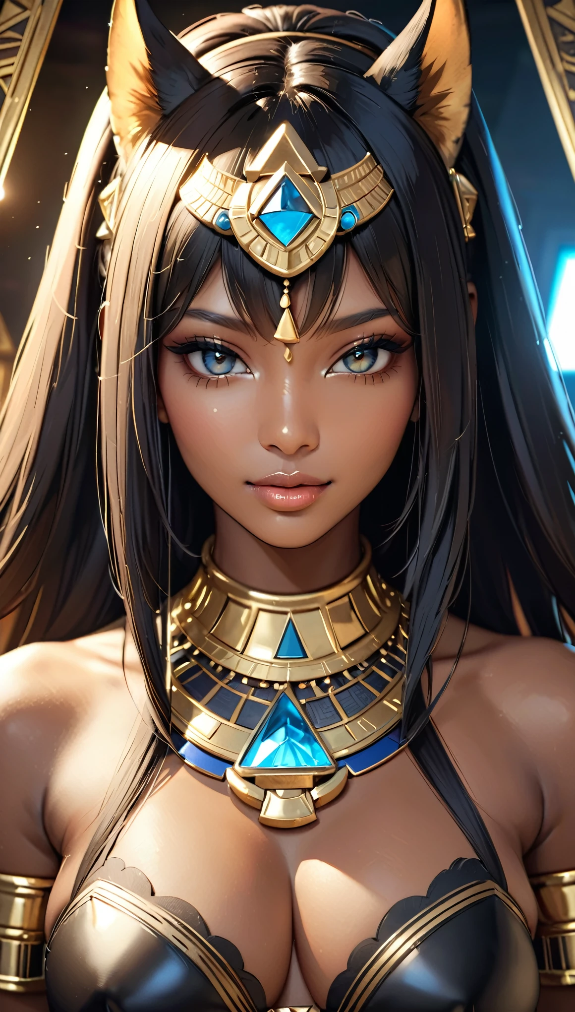 (masterpiece:1.2, Highest quality,Highest quality,Super detailed:1.2),(Photorealistic Stick:1.3),(RAW Photos:1.3),(Super detailed),8k,wallpaper,(Cinema Lighting),(Written boundary depth),(Sophisticated lighting:1.2),Female Anubis God,Close-up of face,Beautiful Face,Beautiful Eyes,Beautiful Skin,Moisturized skin,Dark Skin,Beautiful Eyes,Moisturized lips,Beautiful Hair,Shiny hair,Detailed drawing of hair,Detailed drawing of the costume,(front:1.6),(smile),(perfecteyes),The background is the inside of the pyramid
