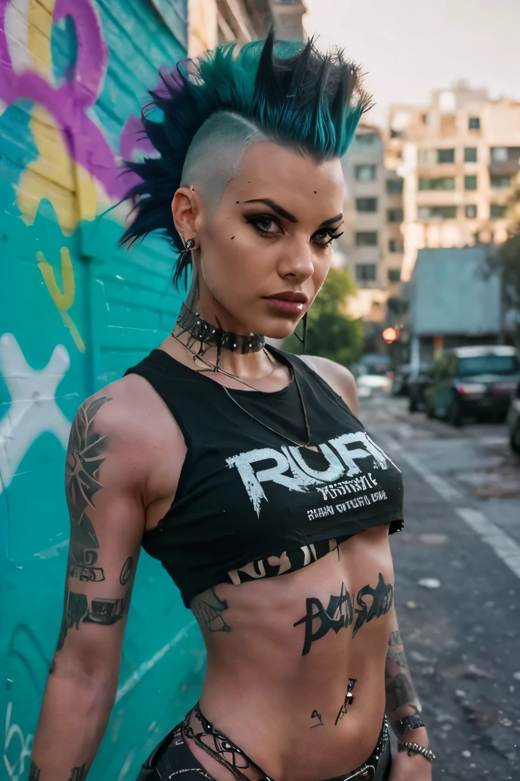 Photorealistic, ultra-detailed, ((back viewer, Nice Butt)), ((Rocker punk girl, black spiky mohawk hair)) girl, hot Body, ABS, tattoo, t-shirt write "666".portrait photo, grunge, side viewer, Solo, dimly lit room, edgy urban scene with graffiti, dark and moody, late evening, city lights flashing, neon lighting The essence of rock and roll, Spike hair, 18 years old, assertive, confident expression, showcasing multiple piercings, blurry background, grunge texture, Best contrast, industrial, Instagram LUT, Professional, 4k, electrifying gaze, shot on Nikon, 50mm, shallow depth of field,  ((Abandoned Graffiti Wall Background, cinematic lighting )).