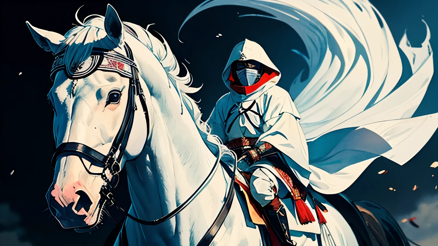 Wearing a white hood、Riding a horse、Kenshin Uesugi、Wearing intricately designed traditional samurai armor、
Famous people in Japanese history、He has a stern look、Has an intimidating presence
