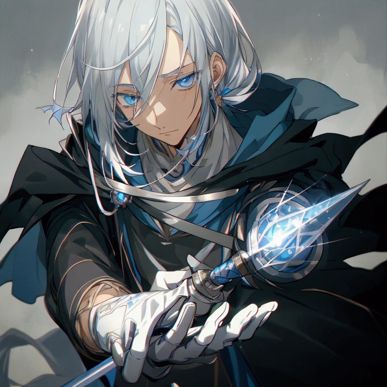 Wizard a young man, he has a silver hair and blue eyes, he wear a hood and wear gloves , he hold rapier ,starrystarscloudcolorful,add_detail:1, add_detail:0, add_detail:0.5,(realistic ultra details)