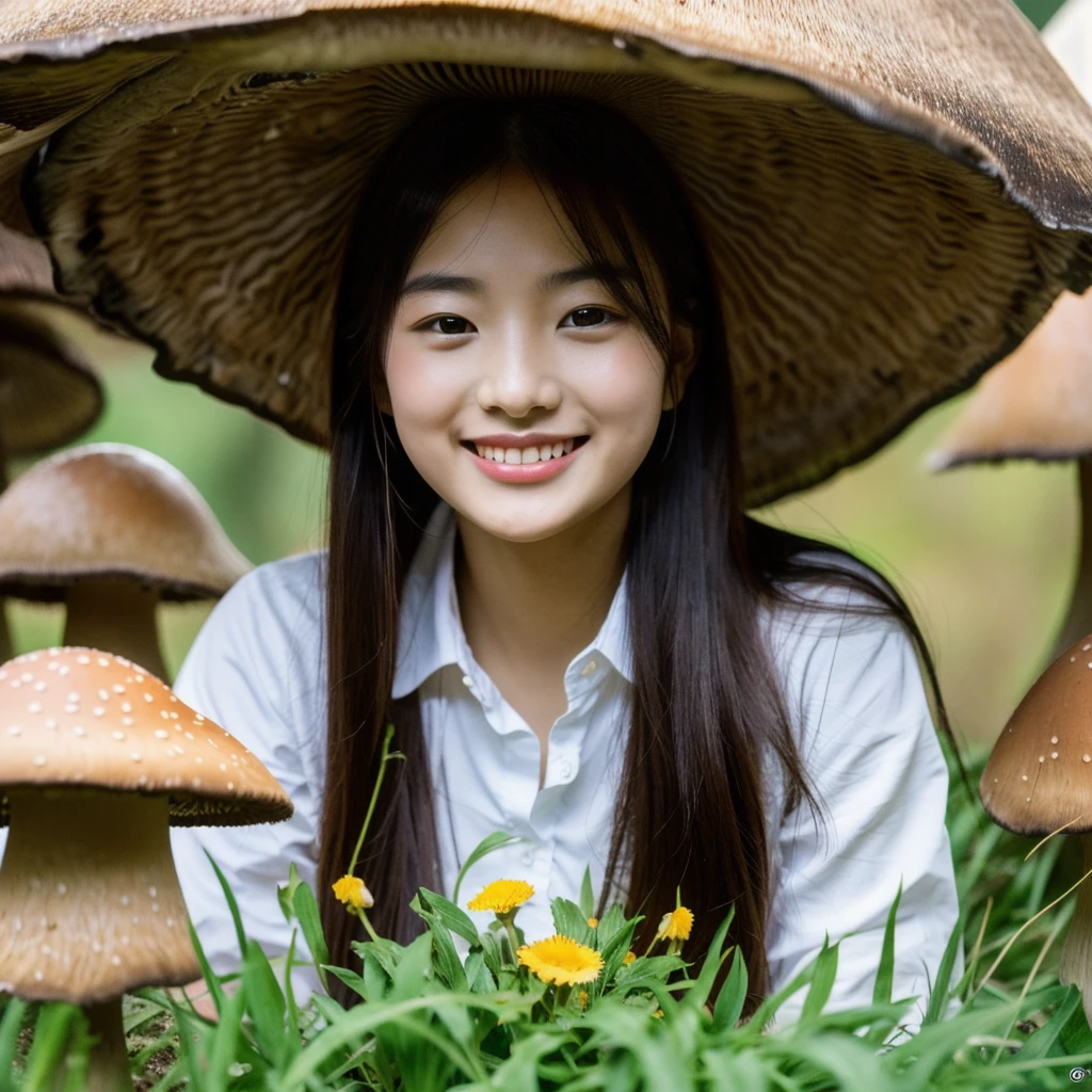1girl, (RAW photo), (masterpiece:1.3), (best quality:1.3), (exquisite:1.3), (beautiful:1.3), 8k, (absurd res:1.3), (Ultra detailed:1.3), (ultra high res:1.3), Photography, realistic, (photo-realistic:1.3), happy smile, BREAK, (long hair), (have mushroom), school, look at viewer