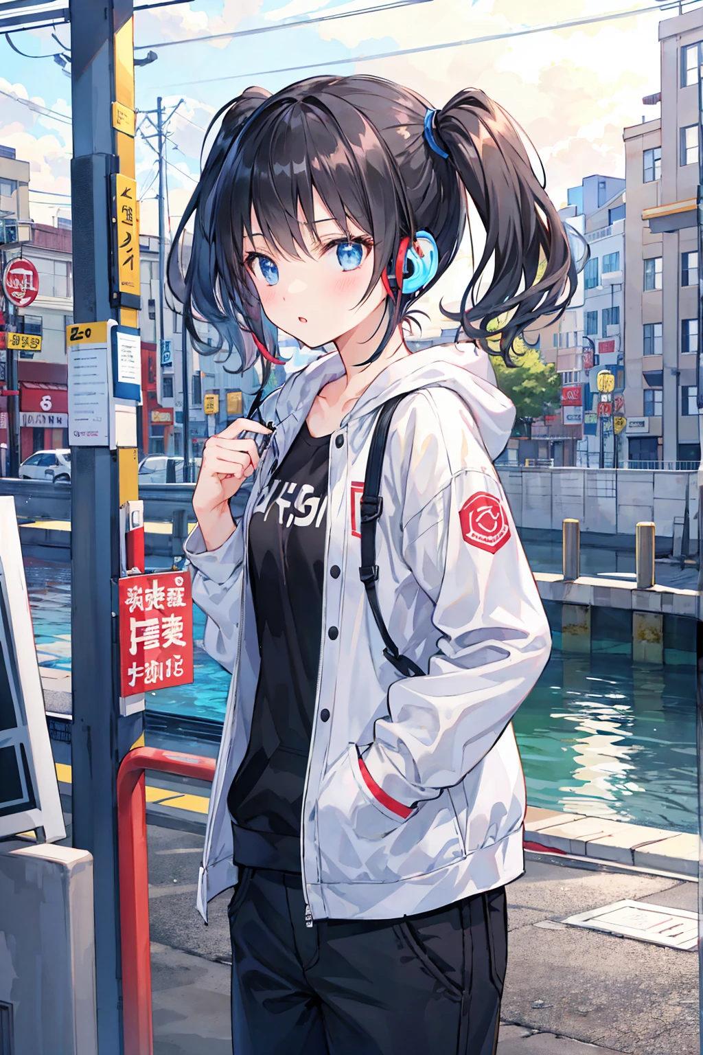 Very heavy rain，Two people，earphone，Teenage Girls，Long white short cut，Black hair twin tails，Put your hands in your pockets，eat，((Highest quality)), (Very detailed), (High-definition CG synthesis 8K wallpaper), 高いly detailed,  高い-definition raw colbor photos, Professional photography,  Written boundary depth,Small breasts，Very beautiful girl，Beautiful cityscape