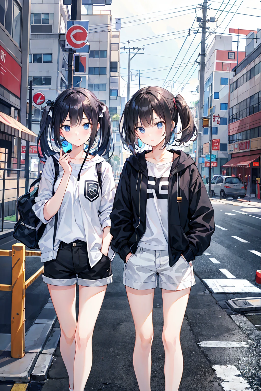 Very heavy rain,Two people,earphone,Teenage Girls,Long white short cut,Black hair twin tails,Put your hands in your pockets,eat,((Highest quality)), (Very detailed), (High-definition CG synthesis 8K wallpaper), 高いly detailed, 高い-definition raw colbor photos, Professional photography, Written boundary depth,Small breasts,Very beautiful girl,Beautiful cityscape