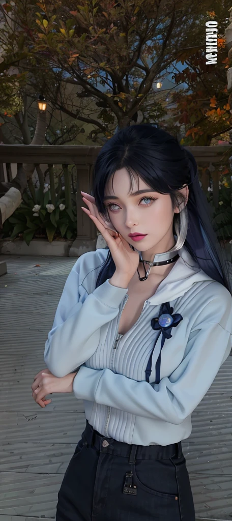 a close up of a person with long hair and a hoodie, hinata hyuga, hinata hyuga from naruto, from naruto, as an anime character, perfect anime face, she has dark blue hair with bangs, female anime character, anime character, anime best girl, hime cut hairstyle, dark blue hair, (red glossy lips:1.3), light purple eyes, big breasts, realistic, ultra detail