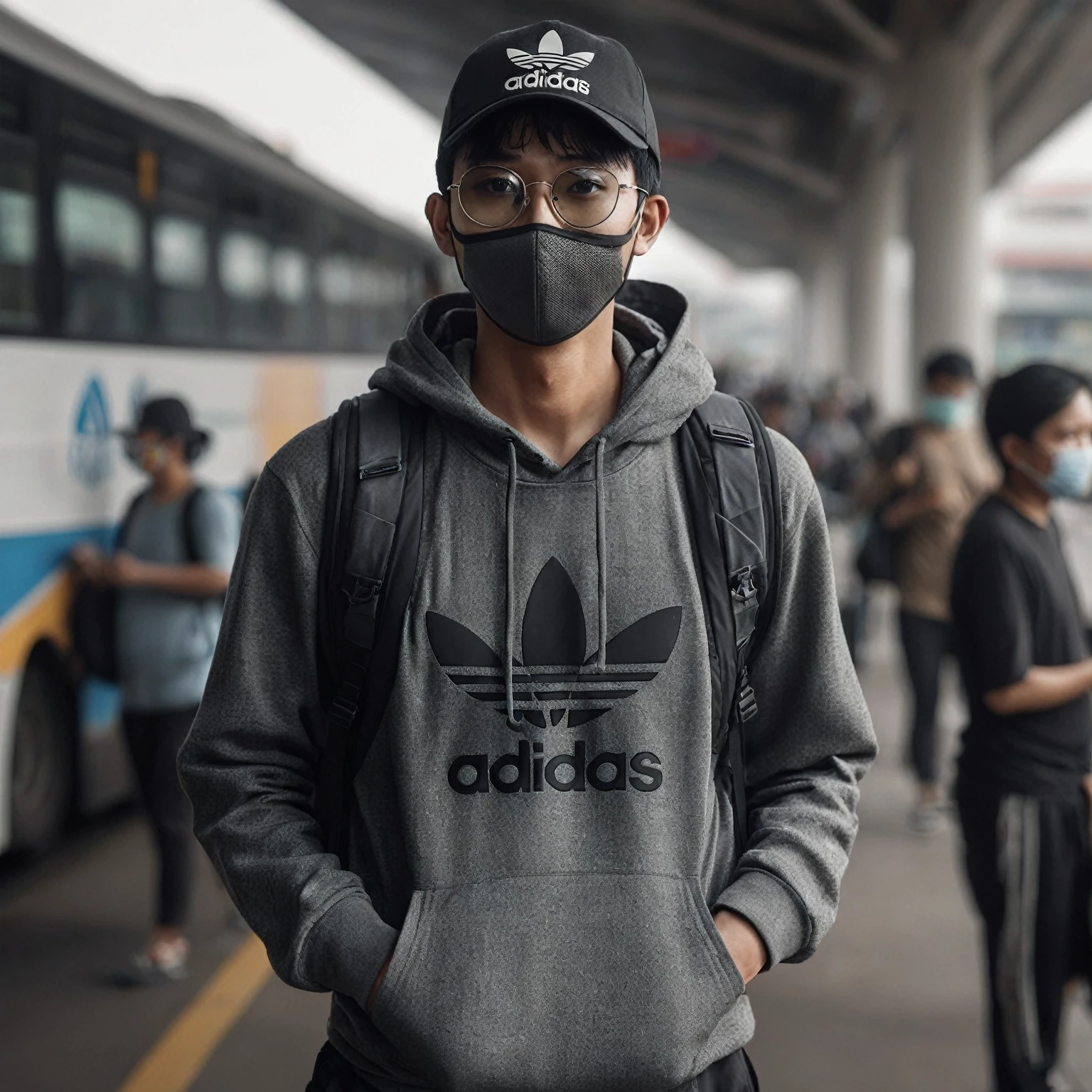 realistic photo, a man with a native Indonesian face, 25 years old, oval face, short side parted hair style, very thin body, sun glasses, wearing a gray hodie, wearing an adidas hat, wearing a black mouth mask, wearing black trousers , wearing black shoes, looks Carrying a black backpack bags, you can see him standing, his eyes fixed on the bus, the atmosphere at the bus terminal, you can see people   