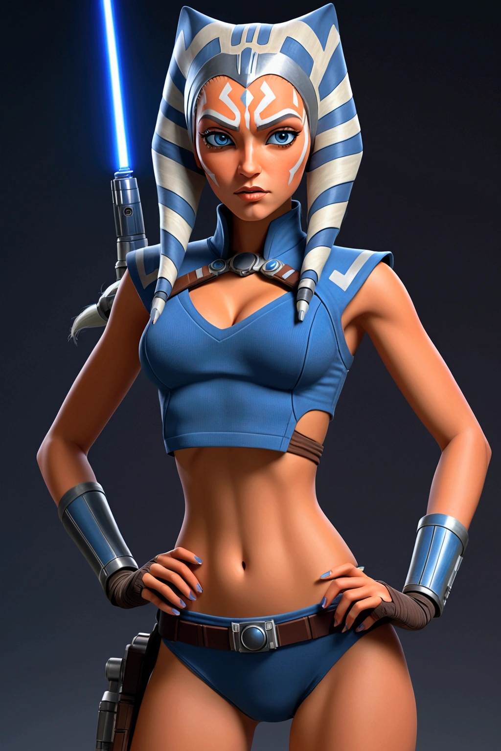  (Full portrait body:1.2), beautiful perfect woman figure, flirting, (masterpiece, best quality, ultra-detailed), (background battle, droids, robots, star wars,, night, war, battle), extremely detailed eyes, Ahsoka Tano , ultra sexy, huge breasts, shining skin, blue eyes, makeup, (blue crop top), sexy blue shirt, vambraces, fingerless gloves, ideal body, out fit top, perfect anatomy, long legs, perfect hips, blue leggings,big breast ,large perfect chest, A top with a cutout on the chest, Fighting stance, good hands, Smooth fingers on the hands, she holds a knife in his hand