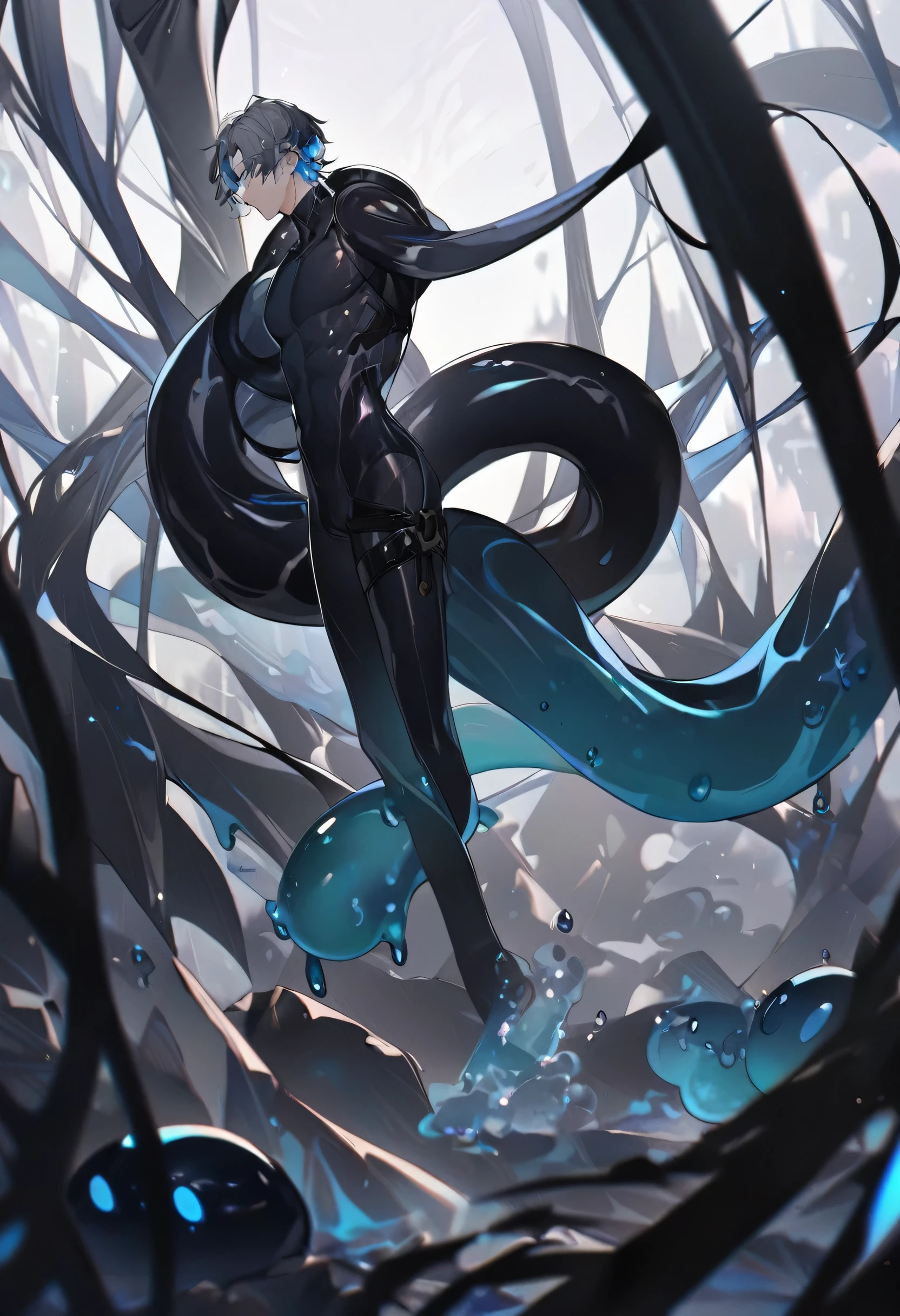 Boys，Little boy，boys，Has a tail，charming，Thin，struggle，eternal，Crystalline，Black slime，Hands turned into Black slime，illumination，charming，boy，Black crystal feet，Wear Tight Fit Clothes，Full body portrait，Smooth，Full body tight fit，Thin，Light black gel coat，Full body gel coating，outdoor，naked，Small pants，Tight Fit，No clothes，Feet in Black Slime，Black slime，Black Slime，Holding Black Slime