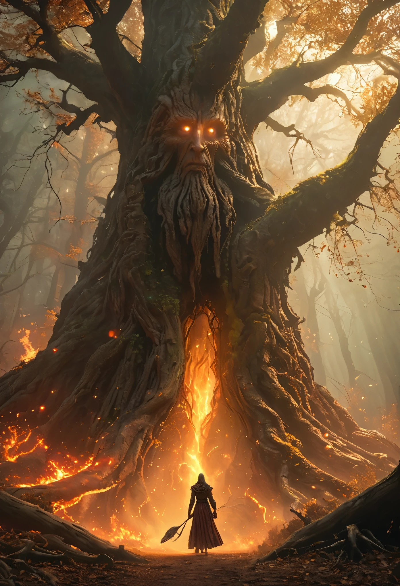 (best quality,4k,8k,highres,masterpiece:1.2),ultra-detailed,(realistic,photorealistic,photo-realistic:1.37),santient tree guarding the ancient forest,sapient tree, mystical creature,imposing old tree figure,otherworldly,terrifying,highly detailed face and body,inhuman features and proportions,weathered tree,mystical aura,glowing fiery eyes,dark,ominous atmosphere,dramatic lighting,vibrant color,magical particles swirling around,wood energy emanating,powerful presence,ethereal beauty,herculean strength,captivating gaze,unsettling presence,haunting and mesmerizing,horrifyingly enchanting