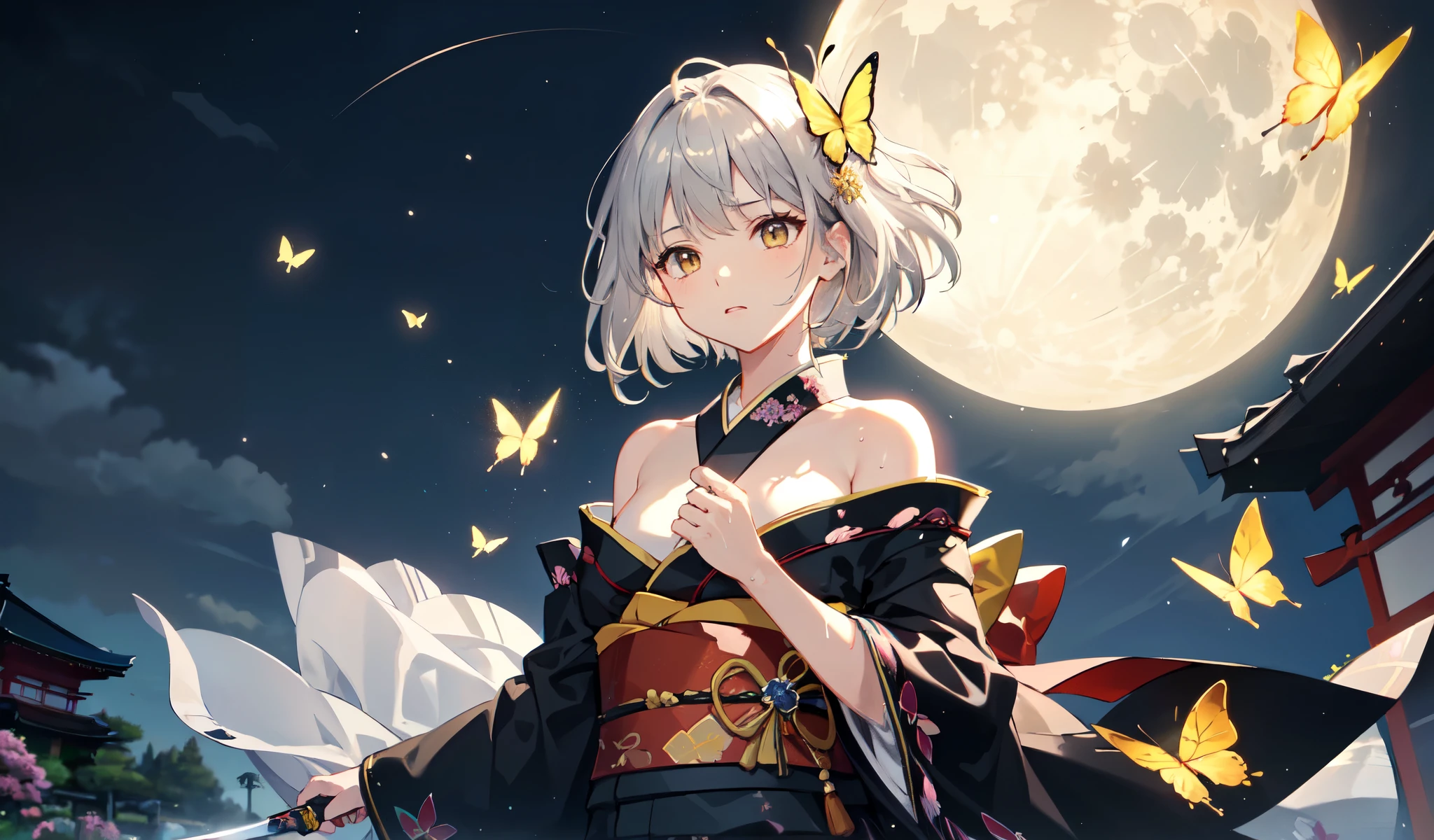 ((High resolution　Gray Hair　short hair　Black kimono　Black Band　military commander　Lonely　despair))　((Yellow butterfly　night　Japanese style　shoulder　chest　old　Shining Aura　garden　water surface))　(dance　　Holding a sword　Slashing)　moon　star　Have a ribbon　　Catch the wind　