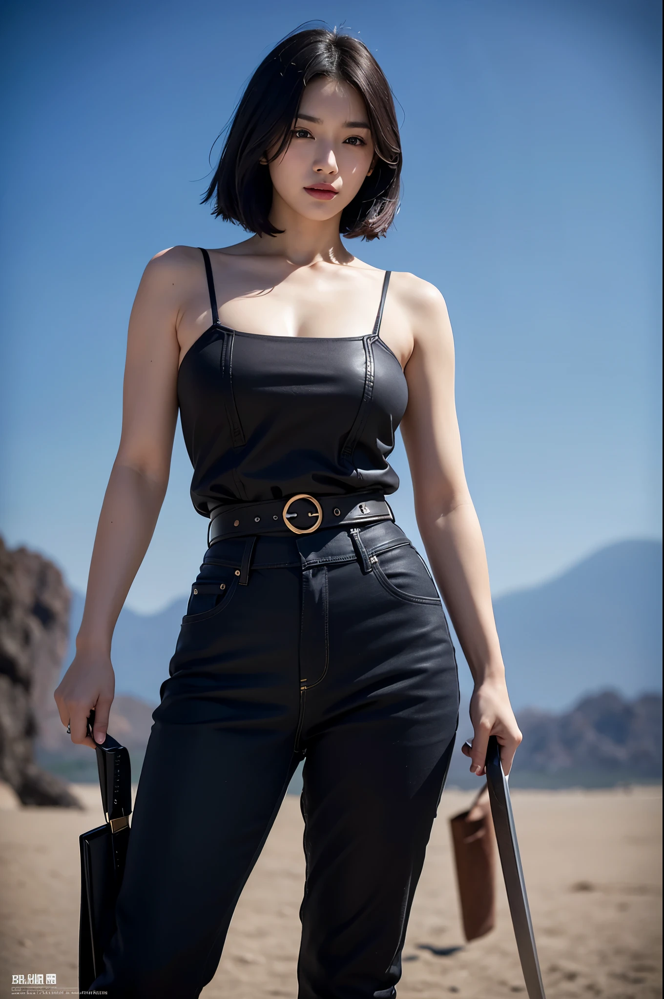 8k、alone、16 year old big breasted beauty,Super Beauty(Like the real thing),Iris,super beautiful ager,Black short bob hair,黒と赤のSexy Exterior,Black trousers,Golden decoration,長くて大きなJapanese sword,Demon Slayer: Androgynous Beauty,A wonderful work of art、Wind effects:1.9、Cloud Effect:1.2、Full Rendering,Unreal Engine、Japanese sword 1本,Cool beauty,Ultra-high resolution,super 超Realistic Skin,Ultra-precise hand-crafted detailing,1Japanese sword,smile,Photorealistic RAW photos of the highest quality。Backlight, Cinema Lighting, Film Grain, 50mm lens, Nikon D850,Realistic Skin,Fantasy art,Character Art,Ultra-high resolution,Muscular and slim body,Muscular and lean lower body,Precise facial details,What's left behind,Perfect hands,Cool sexy beauty,landscape,A lot of thick red smoke(largely),Ultra-realistic smoke,Extremely ripped abs,Muscular Beauty,Very large breasts,Sexy Exterior,Wide open chest,Body balance,smile,Makeup,Accentuate your cleavage,Dynamic fighting pose,