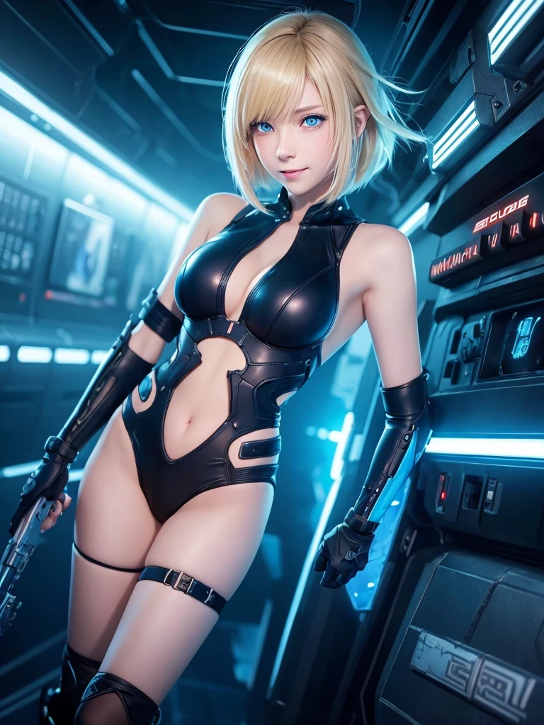 Art of CG & Anime, cyberpunk style. super fine illustration, highly detailed, dynamic angle, beautiful detailed, pretty & charming girl with blonde straight short hair & blue eyes & a smile wears a swimsuit & accessories of black & blue future digital devices, blue lights, the huge planet is horizon.