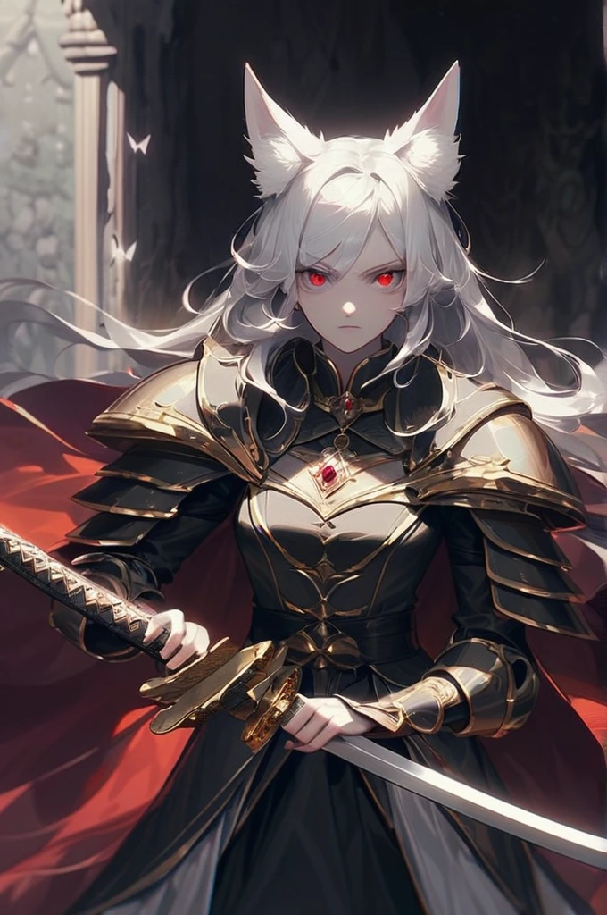 ((Лучшее качество)), ((шедевр)), (подробный), fox is a girl,adult,animal eyes,fox ears on her head,with long white hair, a lock of hair is black on the left side, to the waist, red eyes, , stands tall, furious gaze,dressed like a king,heavy armor, two-handed katana in her hands, the background is a gloomy cave.