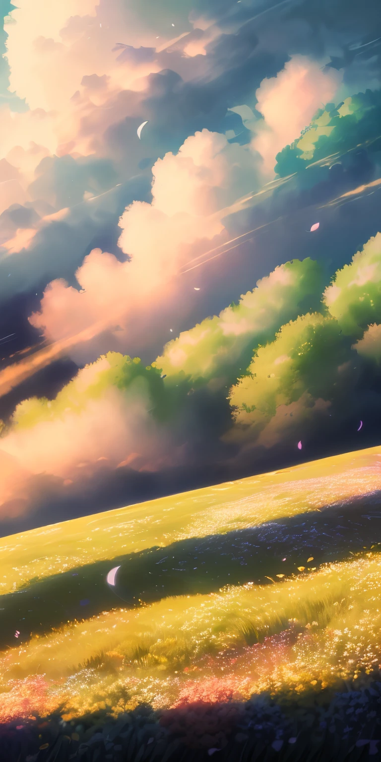 (Highest quality,masterpiece,Very detailed,8k wallpaper,High resolution:1.2),nature,delicate leaves,Rainbow-colored petals floating in the air,Ray Tracing,Two ships,Long Exposure Super Detail-v6, (Highest quality), (Best illustrations), (Best Shadow)
