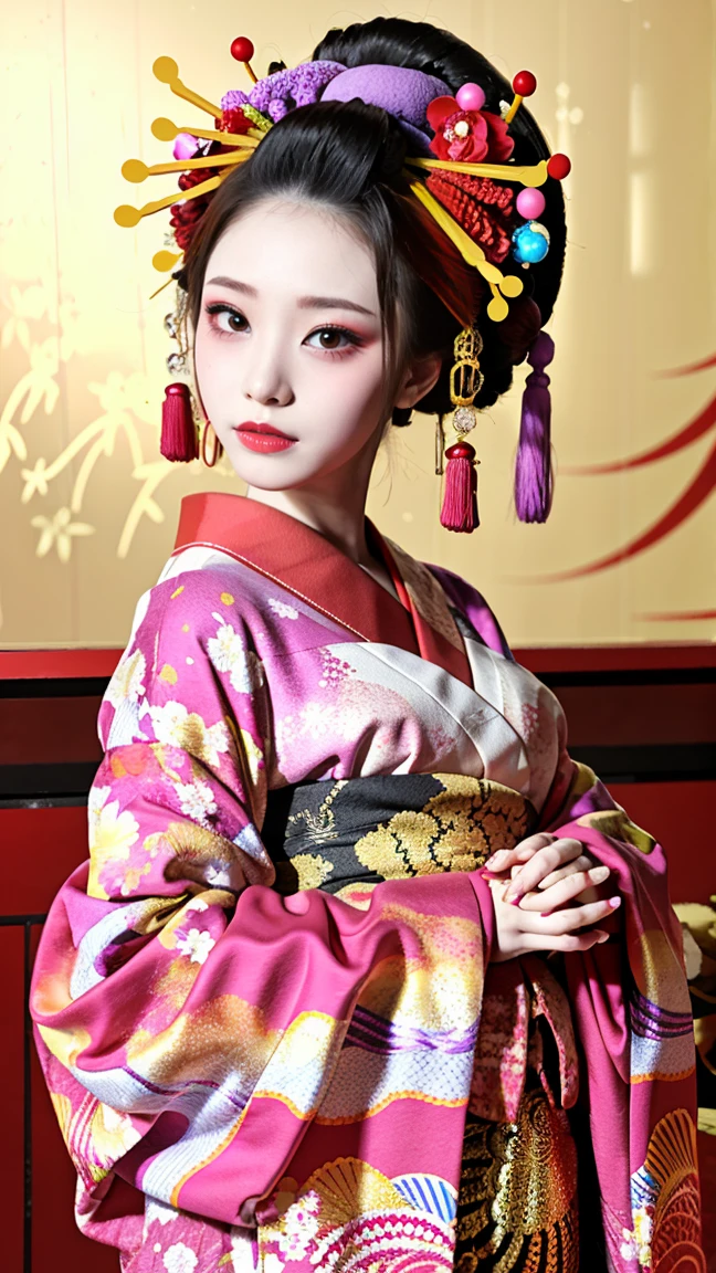 4K, masterpiece, High resolution, Absurd,Natural volumetric lighting and amazing shadows, 笑face,The depth of the written world,soft delicate beautiful attractive face, Beautiful Edge Oiran_woman, a woman in a kimono posing for a picture ,Perfect Edge Oiran_face,Perfect Edge Oiran_body,edg oiran_Compensate,edg oiran_Hairstyle