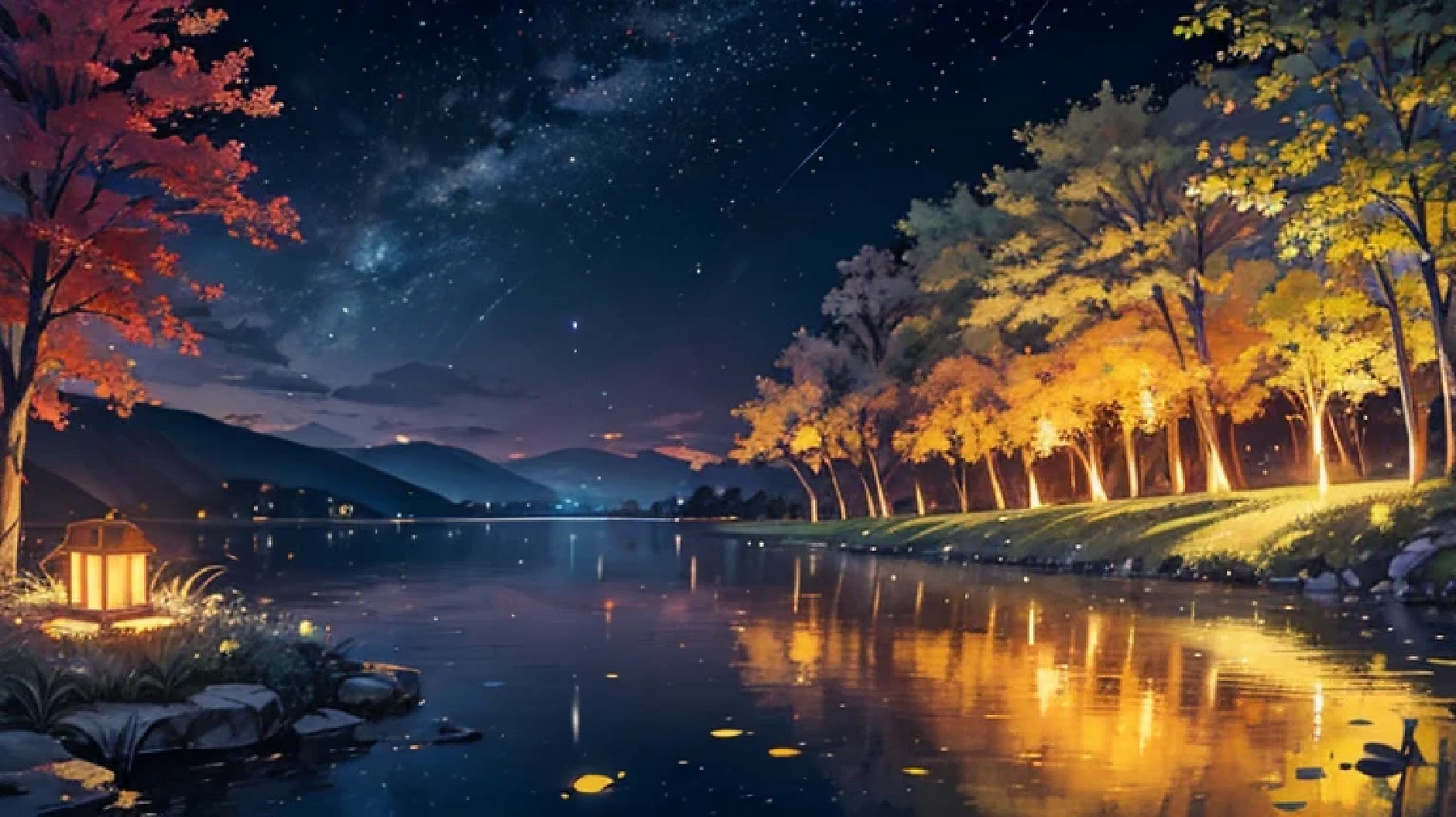 Fireflies on a summer night,Nature,Lakeside,landscape,