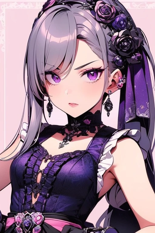 ((Highest quality)), ((masterpiece)), (detailed), Perfect Face, Perfect Arms, Perfect hands, Perfect Fingers, anime, Ultra-fine illustration, (One girl), cute, (Put your hands on your hips), Gray Hair, Side bank hair with earrings, Purple Eyes, Gothic ****ta, Pink lipstick, Medium chest, looking at the camera, Upper Body Shot, No background,