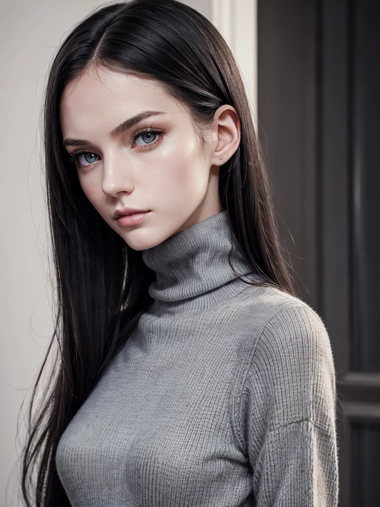 (best quality), 1girl, female, pale skin, (black hair), long hair, straight hair, ponytail, grey eyes, perfect eyes, slender, tall, turtleneck sweater, stylish, elegant, serious, normal bust, masterpiece, anatomically correct, highres

