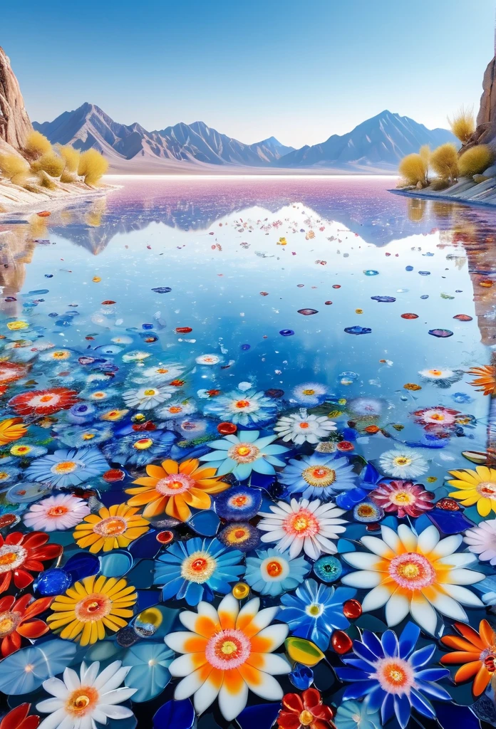 millefiori glass style,(best quality,4k,8k,highres,masterpiece:1.2),ultra-detailed,realistic,photorealistic:1.37,flawless,largest salt lake in China,magnificent view,captivating,huge expanse of water,glistening surface,reflecting the clear blue sky,beautiful colorful flowers,delicately floating,immaculate petals,dancing in the gentle breeze,award-winning artwork,recognized for its artistic excellence,praised for its creativity and craftsmanship,negative space,perfect balance with the main subject,highlighting the beauty and simplicity of the scene.