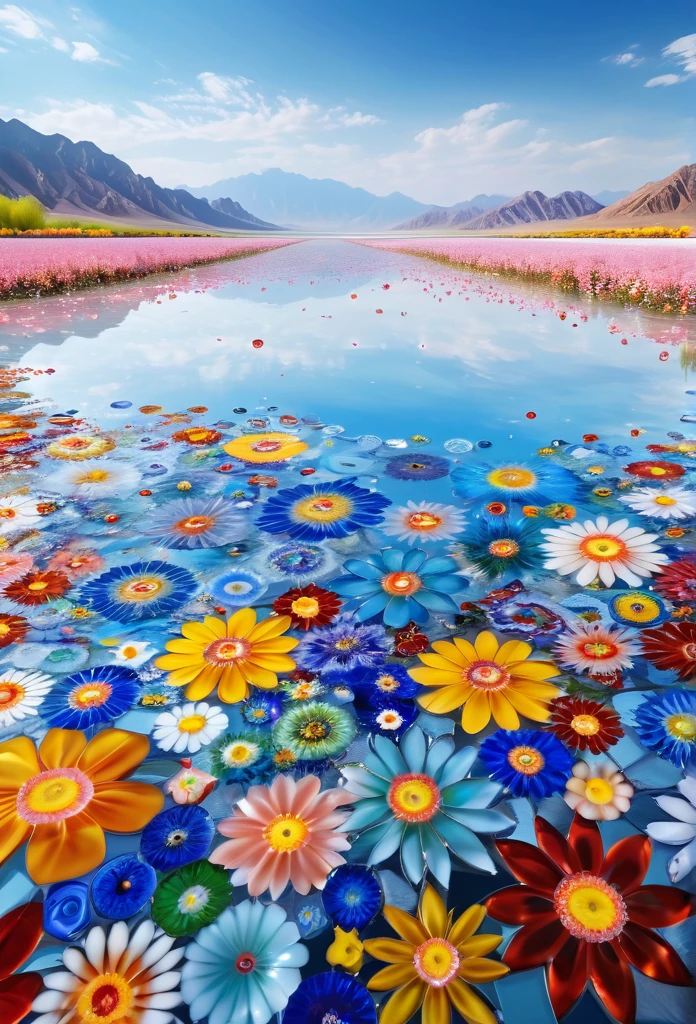 millefiori glass style,(best quality,4k,8k,highres,masterpiece:1.2),ultra-detailed,realistic,photorealistic:1.37,flawless,largest salt lake in China,magnificent view,captivating,huge expanse of water,glistening surface,reflecting the clear blue sky,beautiful colorful flowers,delicately floating,immaculate petals,dancing in the gentle breeze,award-winning artwork,recognized for its artistic excellence,praised for its creativity and craftsmanship,negative space,perfect balance with the main subject,highlighting the beauty and simplicity of the scene.