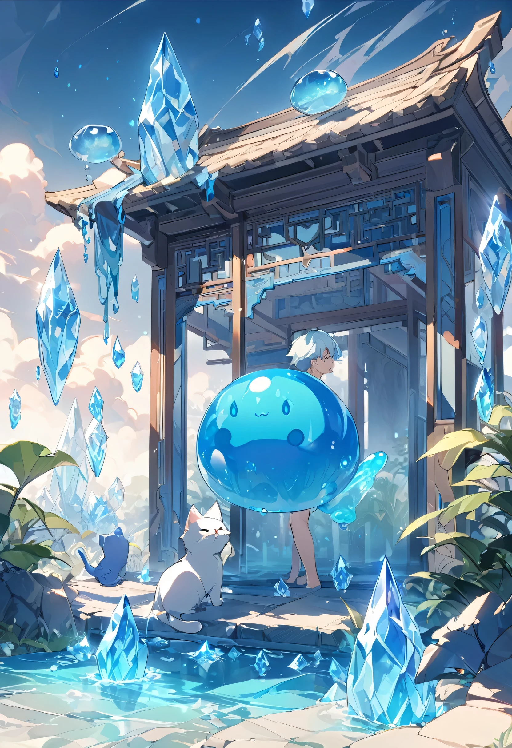 boys，Little male cat，Boys，Has a tail，charming，Thin，struggle，eternal，Crystalline，Blue slime，Feet turned into crystal，Hands turned into Blue slime，illumination，freeze，Feet are frozen，charming，Boys，Blue crystal feet，Wear Tight Fit Clothes，plastic，Full body portrait，Smooth，Full body tight fit，Thin，Light blue gel coat，Full body gel coating，outdoor，naked，Small pants，Tight Fit，No clothes，Blue slime，Blue slime，Blue slime，Holding Blue Slime