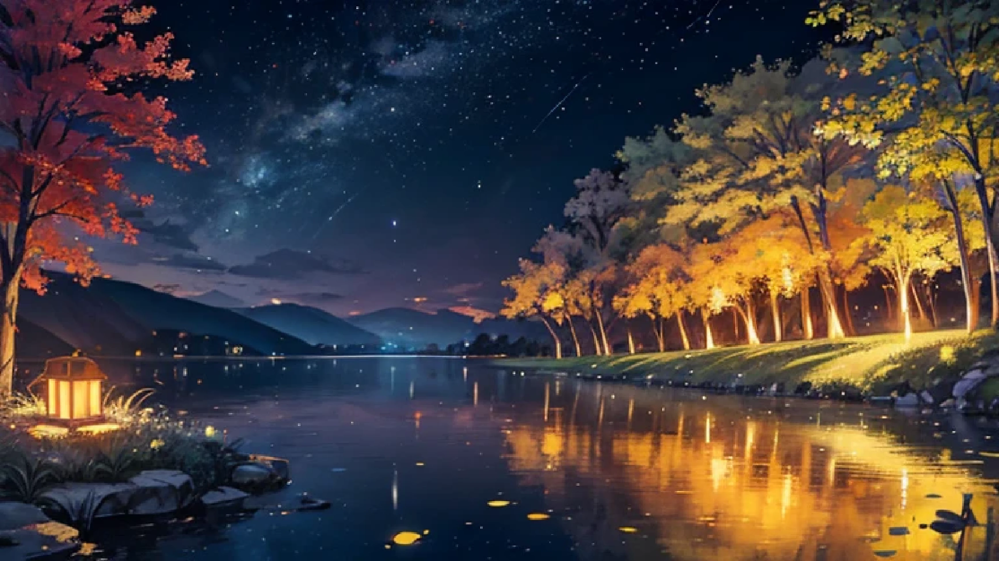 Fireflies on a summer night，Nature，Lakeside，landscape，