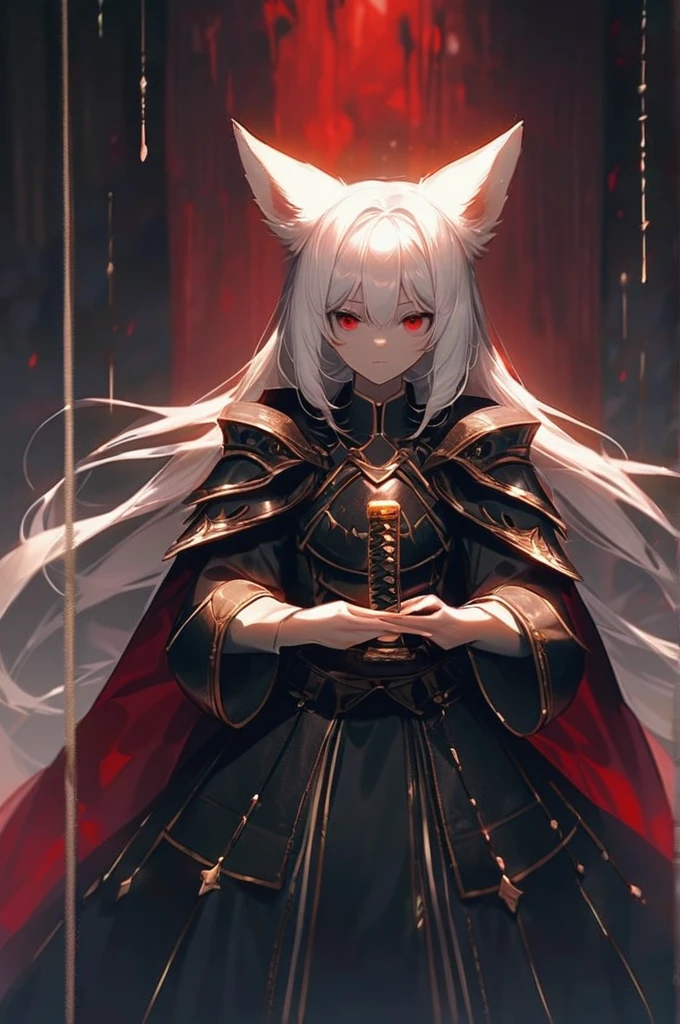 ((Лучшее качество)), ((шедевр)), (подробный), fox is a girl,adult,animal eyes,fox ears on her head,with long white hair, a lock of hair is black on the left side, to the waist, red eyes, , stands tall, furious gaze,dressed like a king,heavy armor, two-handed katana in her hands, the background is a gloomy cave.