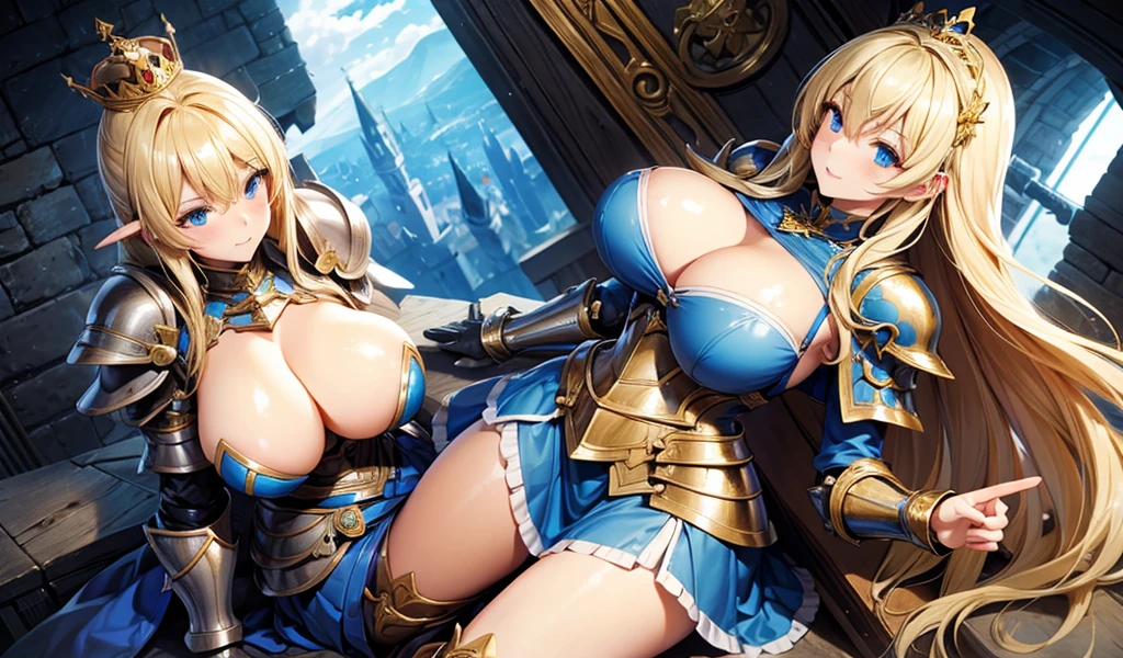 Blonde with huge breasts,Queen,Knight armor,blue skirt,thigh,,castle