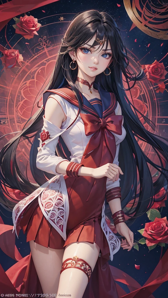 Official Art, unity 8k wallpaper, Very detailedな,Red roses are beautiful yet fleeting、beautiful, masterpiece, Highest quality,blue flower (zenTangle, Mandala, Tangle, enTangle), Flower Ecstasy, Very detailed, Black long hair、Dynamic Angle, ((Sailor Mars)), (())The most beautiful form of chaos, ((Sailor Mars)).elegant, Brutalist Design, Vibrant colors, Romanticism, James Jean, Robbie Dawi Anton, Ross Tran, Francis Bacon, It was very cold, Adrianne&#39;genius, Petra Cortright, Gerhard Richter, takato yamamoto, Ashley Wood, Atmospheric