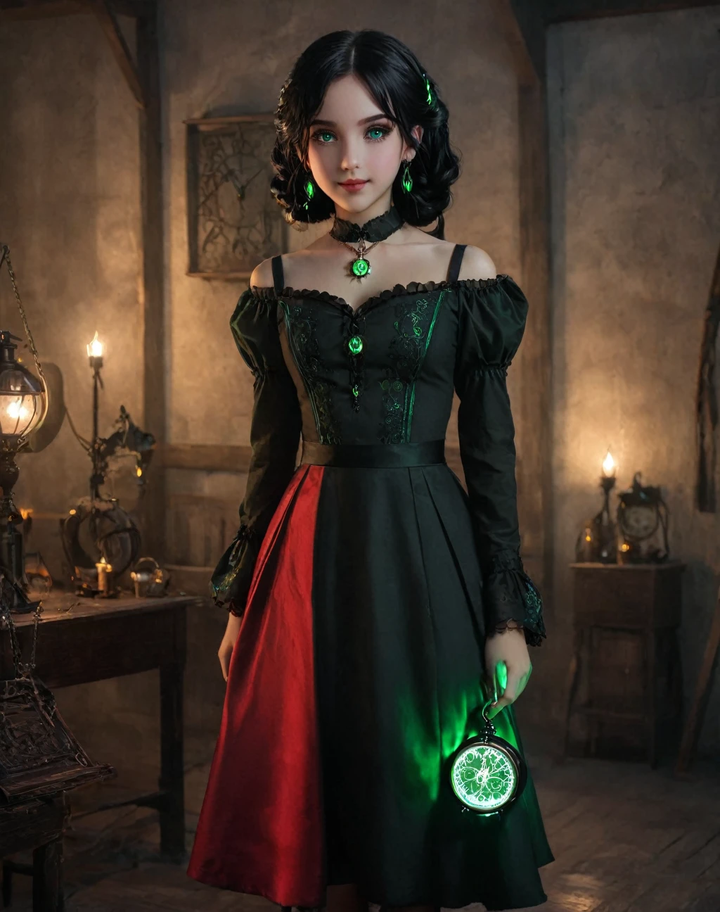 a beautiful young , daughter of severus snape ,Black hair、green eyes, wrenchfaeflare, glowing, 1girl, embroidery, accessories, necklace, earrings, reflection, evil grin, KurumiBase, (clock eyes), heterochromia, twintails, hairband, red dress, frills, detached sleeves, frilled choker,
