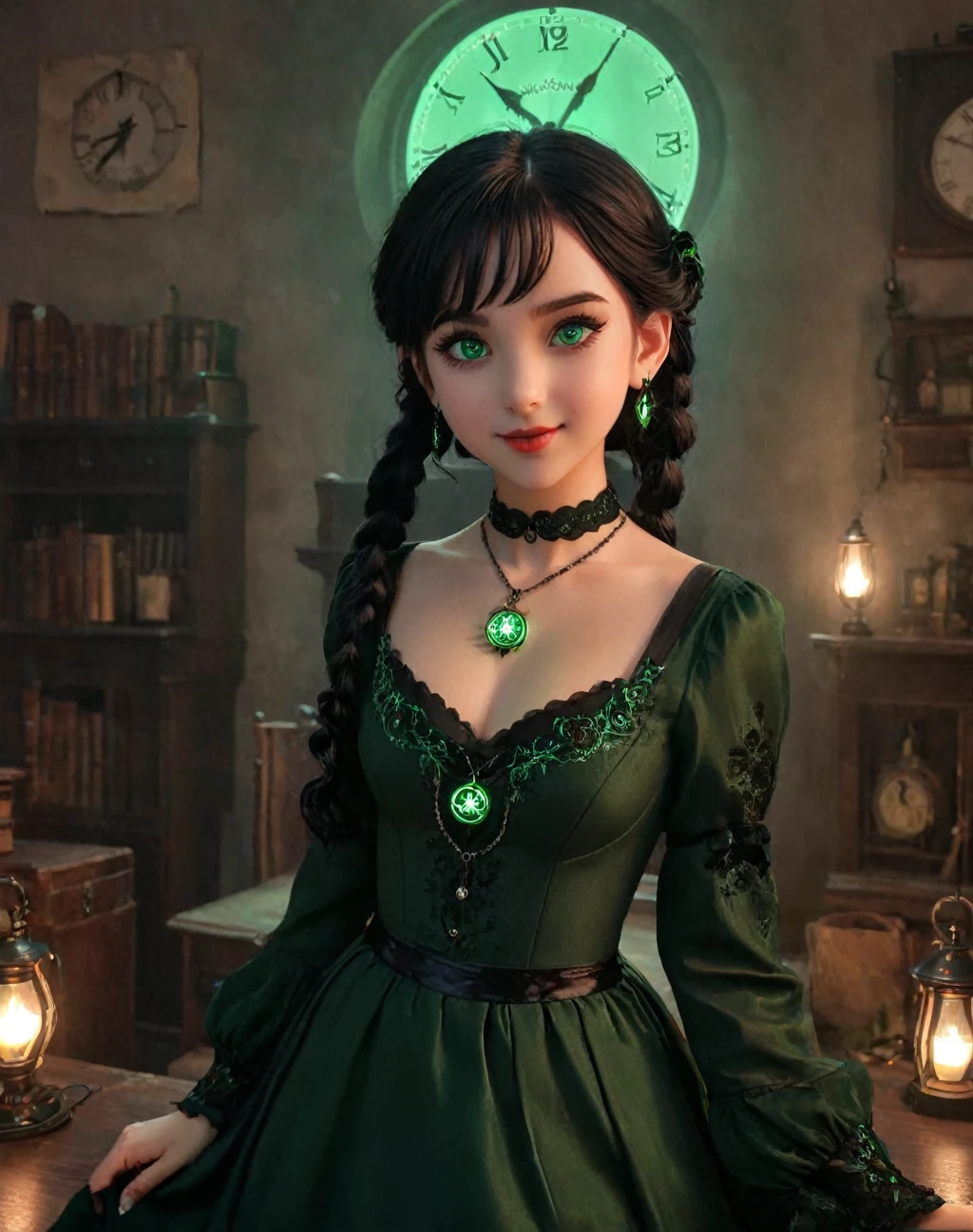 a beautiful young 11-year-old girl, daughter of severus snape ,Black hair、green eyes, wrenchfaeflare, glowing, 1girl, embroidery, accessories, necklace, earrings, reflection, evil grin, KurumiBase, (clock eyes), heterochromia, twintails, hairband, red dress, frills, detached sleeves, frilled choker,