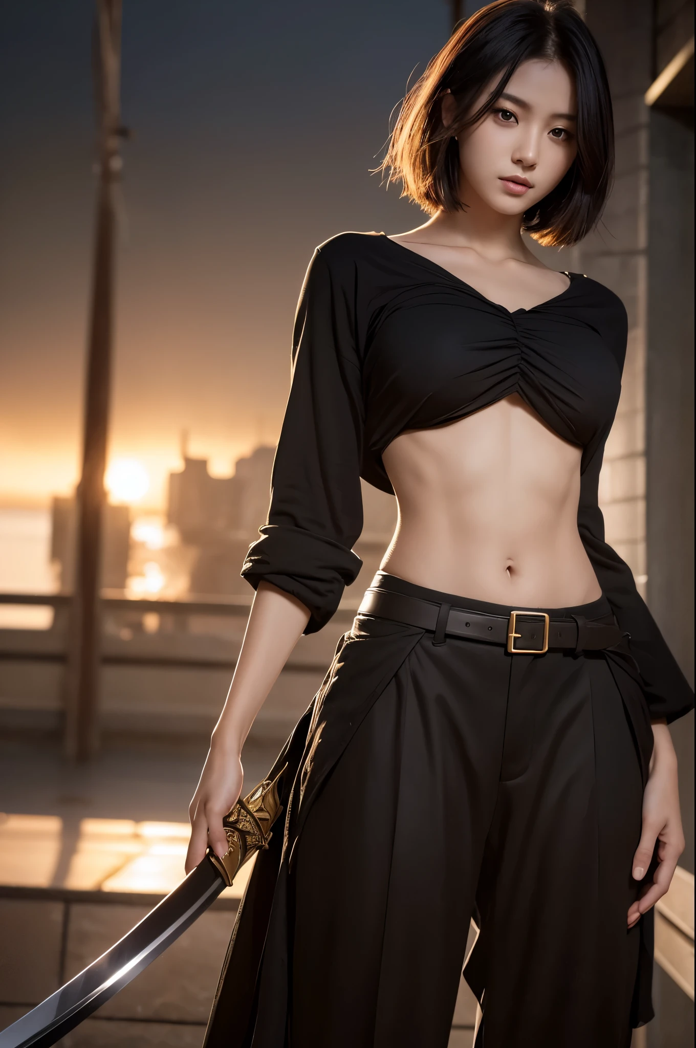 8k、alone、16 year old big breasted beauty,Super Beauty(Like the real thing),Iris,super beautiful teenager,Black short bob hair,黒と赤のSexy Exterior,Black trousers,Golden decoration,長くて大きなJapanese sword,Demon Slayer: Androgynous Beauty,A wonderful work of art、Wind effects:1.9、Cloud Effect:1.2、Full Rendering,Unreal Engine、Japanese sword 1本,Cool beauty,Ultra-high resolution,super 超Realistic Skin,Ultra-precise hand-crafted detailing,１Japanese sword,smile,Photorealistic RAW photos of the highest quality。Backlight, Cinema Lighting, Film Grain, 50mm lens, Nikon D850,Realistic Skin,Fantasy art,Character Art,Ultra-high resolution,Muscular and slim body,Muscular and lean lower body,Precise facial details,What&#39;s left behind,Perfect hands,Cool sexy beauty,landscape,A lot of thick red smoke(largely),Ultra-realistic smoke,Extremely ripped abs,Muscular Beauty,Very large breasts,Sexy Exterior,Wide open chest,Body balance,smile,Makeup,Accentuate your cleavage,Dynamic fighting pose,