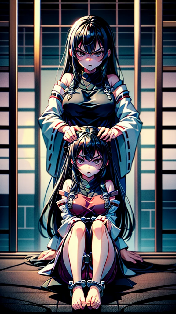 Ultra high quality, ultra high anatomy, 4K, masterpiece, cute, glamor, 1girl, sitting on a prison cell floor, black hair, long hair, straight hair, symmetrical bangs, pink eyes, angry, medium breasts, hands are handcuffed, feet are foot cuffed, red shrine maiden outfit, barefoot