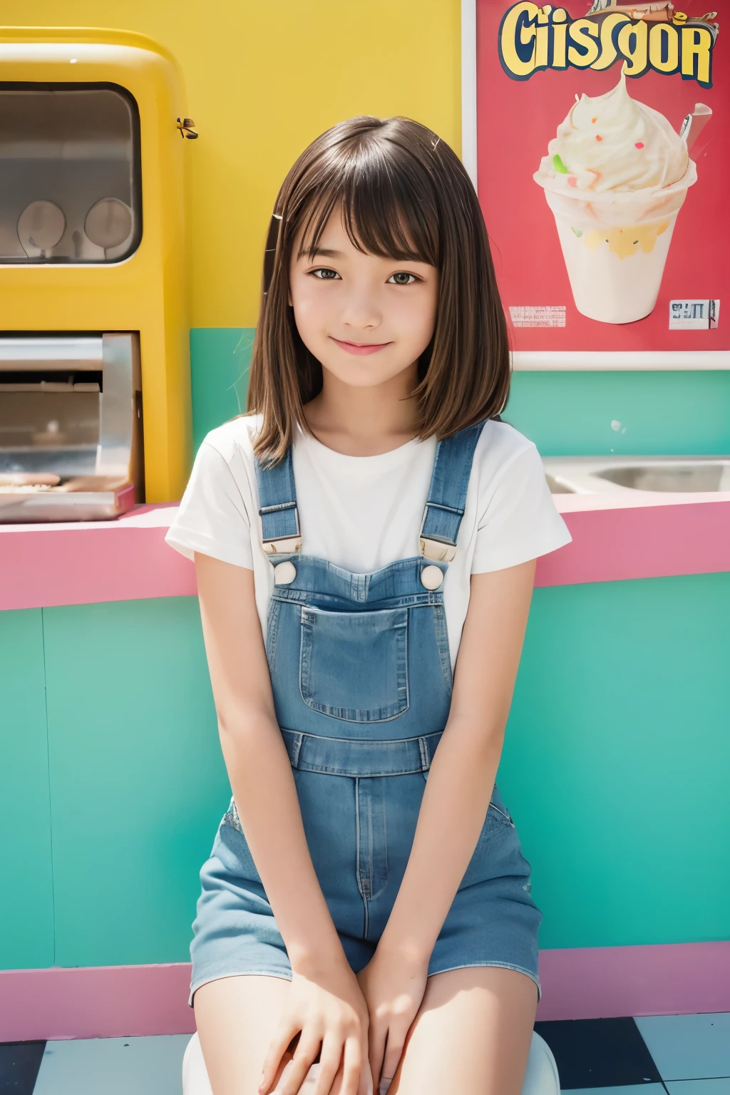 (yo:1.5),Portrait MagMix Girl looking at the camera, Long Hair,naked_Overalls_micro_skirt, A retro ice cream shop with pastel-colored walls, Classic Soda Fountain Counter, Vintage ice cream poster, bathed in warm sunlight, Analog Film Photography, Kodachrome,bangs,(thighs_shot:1.1),sitting,(narrow_eyes;1.3),(ground_shot:1.5),smile,(pussy:1.5)