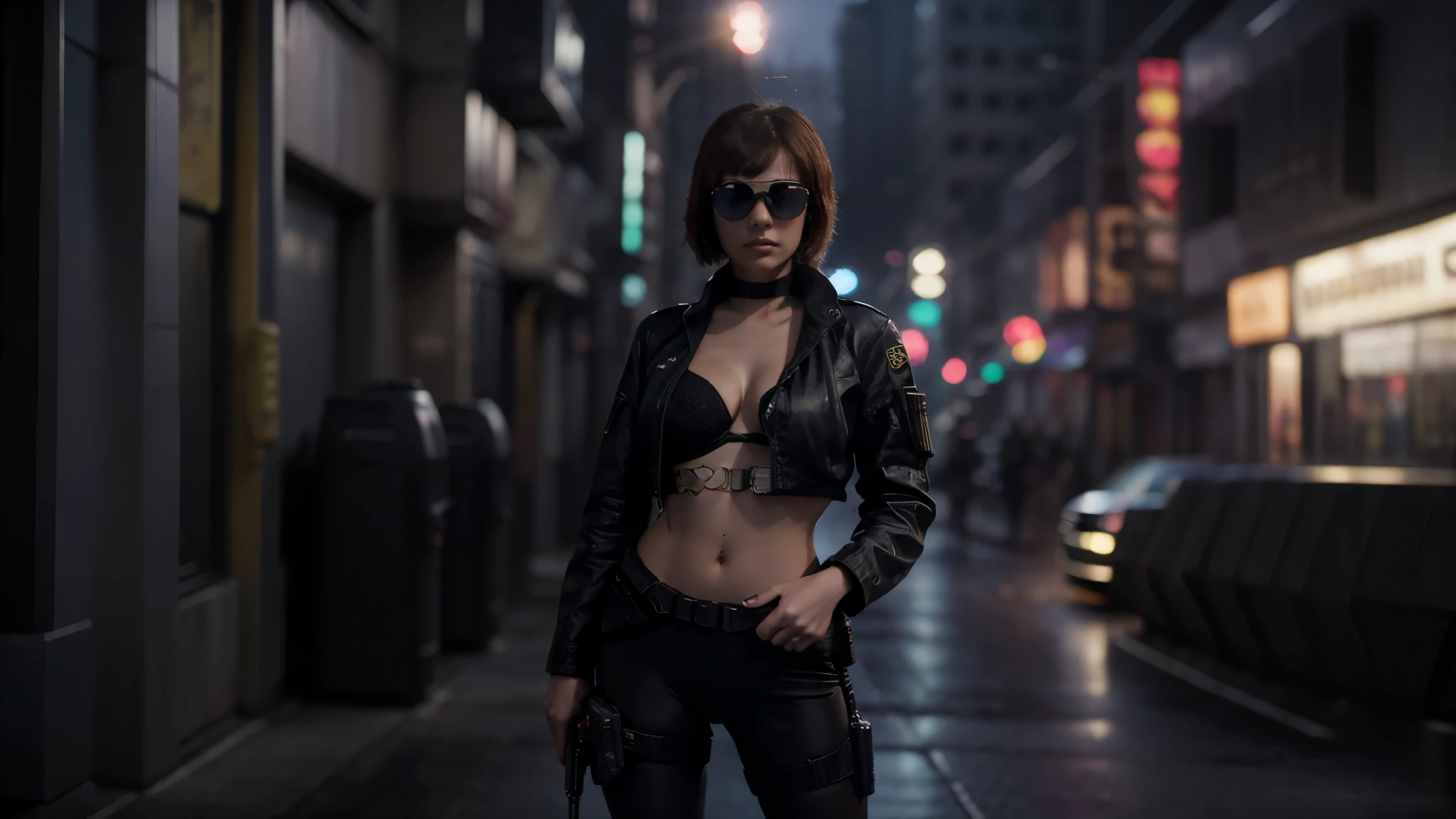 Blade Runner style futuristic city street, at night. (((1girl, solo, alone))), female assassin, large-breast:1.4 slim:0.8 body, medium hair, cleavage:1.1, sexy micro laced lingerie with jacket, (black sunglasses), (((((she raised a pistol:1.8 and shot the viewer))))), standing pose, ((half-body thigh:0.95 level medium shot)), cinematic lighting, lens flare, ray tracing.