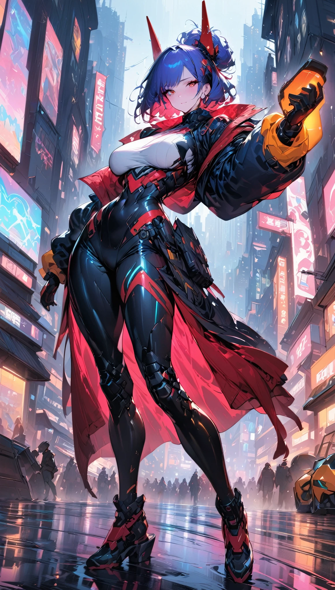 best quality,4k,8k, highres, masterpiece:1.2), extremely detailed eyes, extremely detailed body, (large masterpiece digital art), (detailed manga illustration), (detailed line art), ((perfect anatomy)), (intricate details:1.3), (ultra-detailed:1.3), (illustration:1.3), (sharp focus:1.3), (natural lighting:1.05), (vivid colors:1.3), (masterpiece), (best quality:1.4), (perfect anatomy:1.4), high quality, expressive eyes, full body, tall girl, detailed face, beautiful face, perfect face, breasts, gloves, large breasts, cyberpunk, (black armor), mystic red armor, short hair, ((pale skin)), messy hair, detailed ((dark blue hair)), (honeydew hair), multicolored hair, two-toned hair, detailed eyes, (amber eyes), hourglass physique, mecha musume, fortified suit, mechanical parts, headgear, robot joints, bodysuit, deva battle suit, gloves, thick thighs, toned, emblem, superhero, dynamic lighting, 4k resolution, dynamic pose, weapon, energy weapon portrait, Jeff Bridges, ((cartoon style)), Marvel Cinematic Universe style, (((alien city in the background))), soft bokeh of futuristic city, Atey Ghailan, Jeremy Mann, Greg Manchess, Antonio Moro, trend in ArtStation, trend in CGSociety, Intricate, High Detail, Sharp focus, dramatic and photorealistic painting art by Midjourney and Greg Rutkowski, bokeh in the background