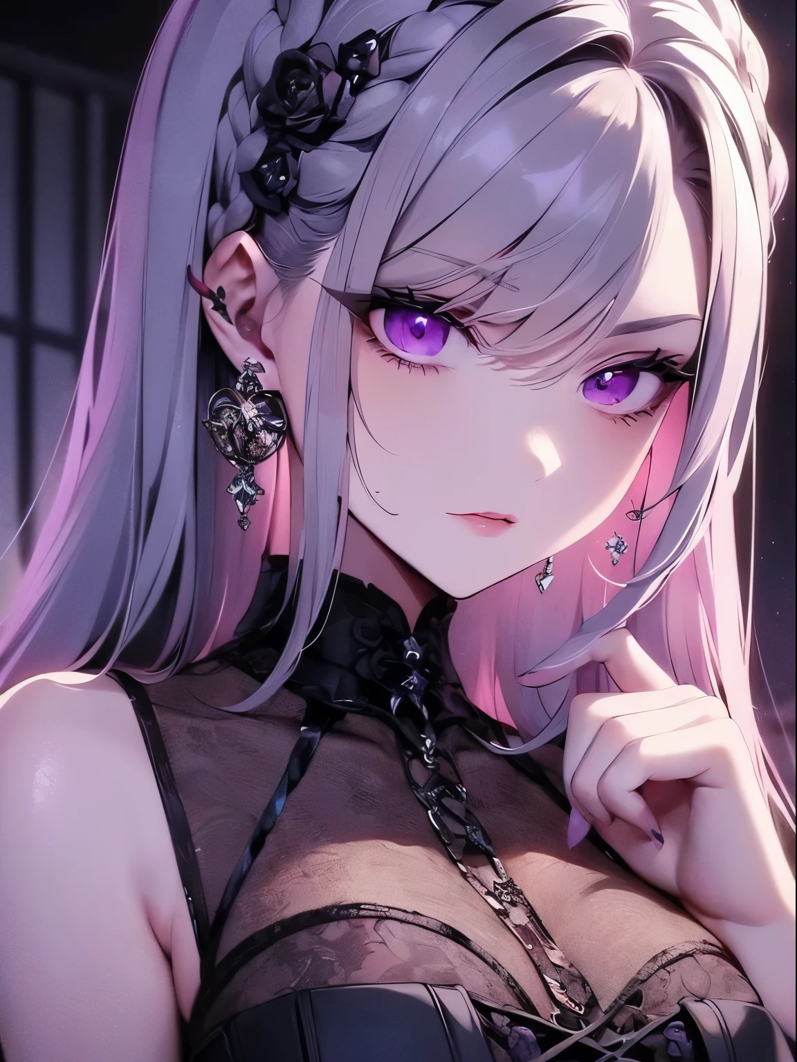 ((Highest quality)), ((masterpiece)), (detailed), Perfect Face, Perfect Arms, Perfect hands, Perfect Fingers, anime, Ultra-fine illustration, (One girl), cute, Gray Hair, Side bank hair with earrings, Purple Eyes, Gothic ta, Pink lipstick, Medium chest, (Put your hands behind your back), looking at the camera, Upper Body Shot, No background,