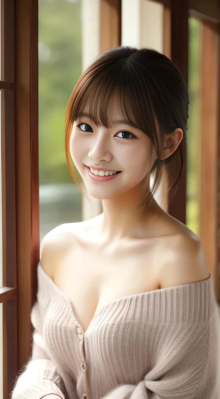 masterpiece,best quality,(Japanese girl),((Beautiful girl)),cleavage,(off shoulder:1.3),indoor,(perfect body beauty:1.2),(shy smile),beautiful teeth,From slightly above
