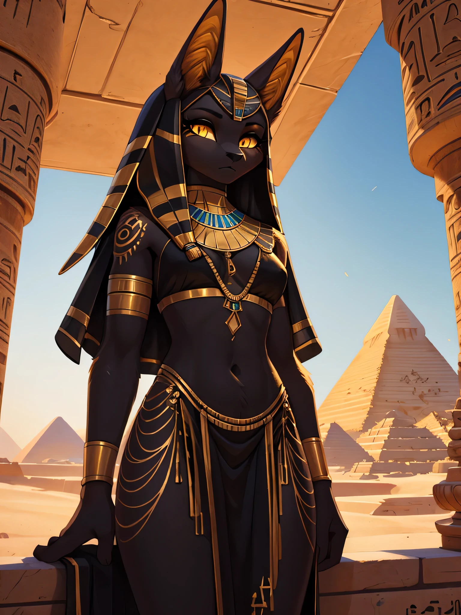 high quality, best quality masterpiece, the best definition add_detail:1 aesthetic and lighting details Jackal black girl, egyptian clothing, teen girl, ,black body, egypt landscape, body with golden tattoo, detailed eyes, pupila amarilla glowing yellow eyes  add_detail:1