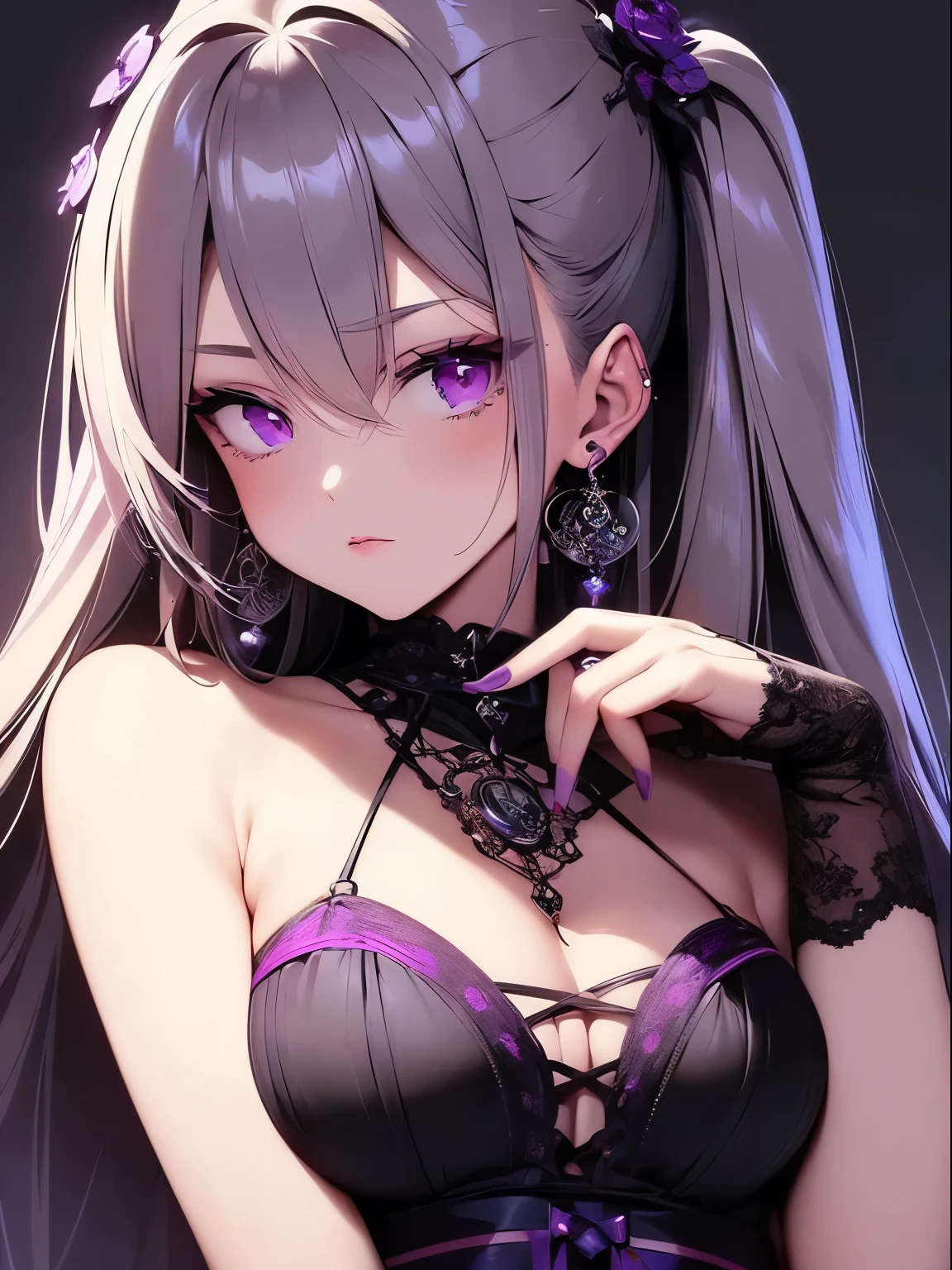 ((Highest quality)), ((masterpiece)), (detailed), Perfect Face, Perfect Arms, Perfect hands, Perfect Fingers, anime, Ultra-fine illustration, (One girl), cute, Gray Hair, Side bank hair with earrings, Purple Eyes, Gothic ta, Pink lipstick, Medium chest, (Arms at your sides), looking at the camera, Upper Body Shot, No background,