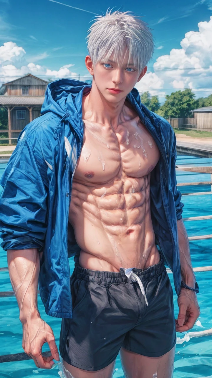 1boy, adult, handsome, perfect face, detailed eyes and face, clean shaved, muscular, capturing a rural atmosphere, dynamic lighting, unreal engine 5, hd picture, satoru gojo, white hair, short hair ,hair between eyes ,blue eyes, white skin, milk pink nipple details, water details, sweat details