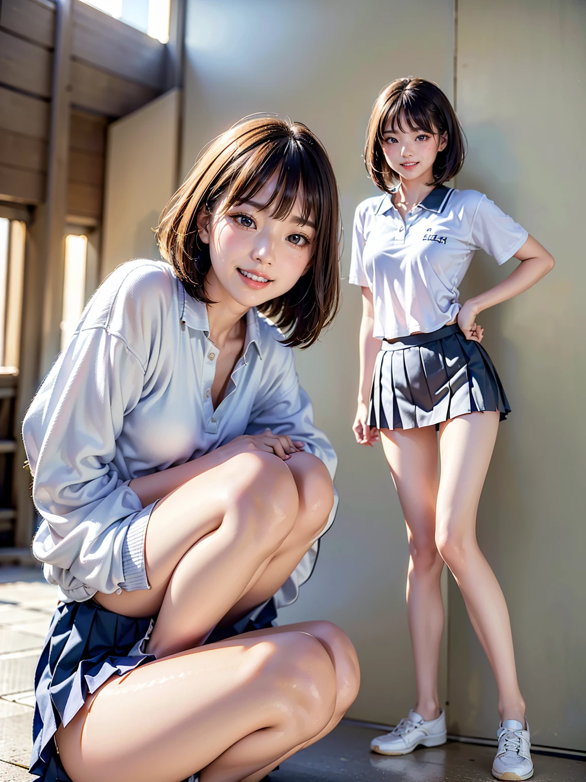 (masterpiece,highest quality,High resolution,Realistic,photograph:1.2),(One high school girl:1.2), (((White polo shirt), Navy blue pleated skirt),(White sneakers),White socks),(Smiling with some teeth showing and eyes narrowed:1.3),(Bobcut,Brown Hair,Natural Makeup, Eyelash extensions, Make your eyelashes thinner and longer:1.3),(Cowboy Shot:1.3),(16 year old Japanese girl:1.2),(clothing that fits:1.2),(School corridor:1.3), (The subject is viewed from below:1.2), (Panty shot:1.3), (Random sexy poses, Leg spread, Squatting and tiptoe:1.3), (Hands behind head:1.3)