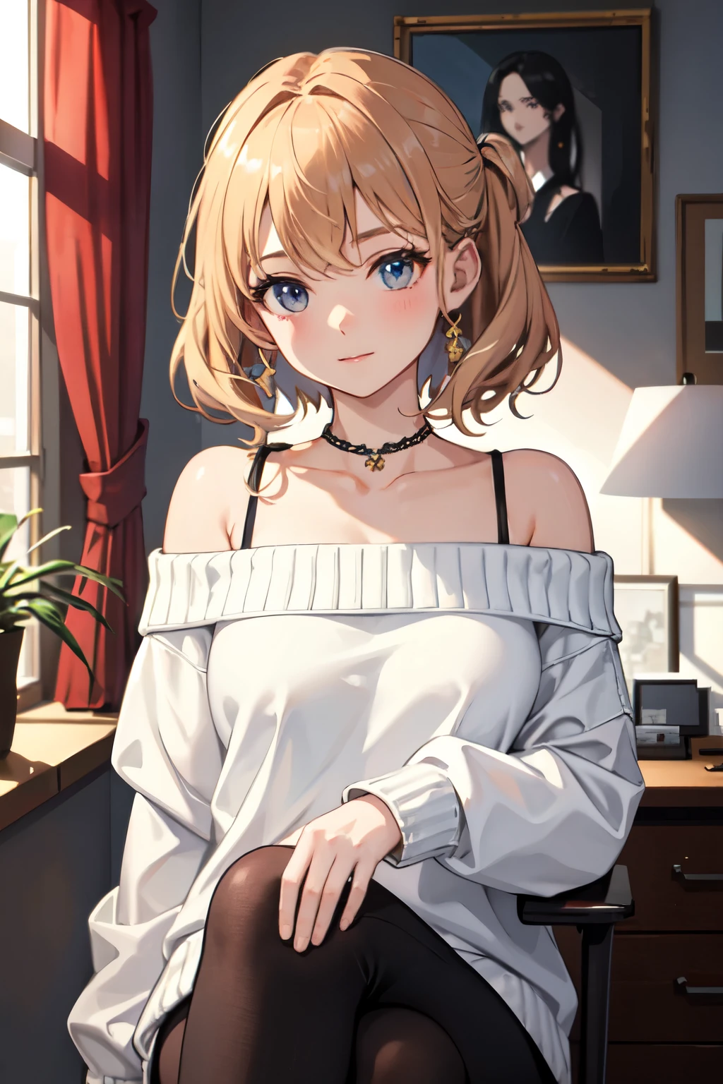 ((Highest quality)), ((masterpiece)), (detailed), One girl, Off-the-shoulder sweater,