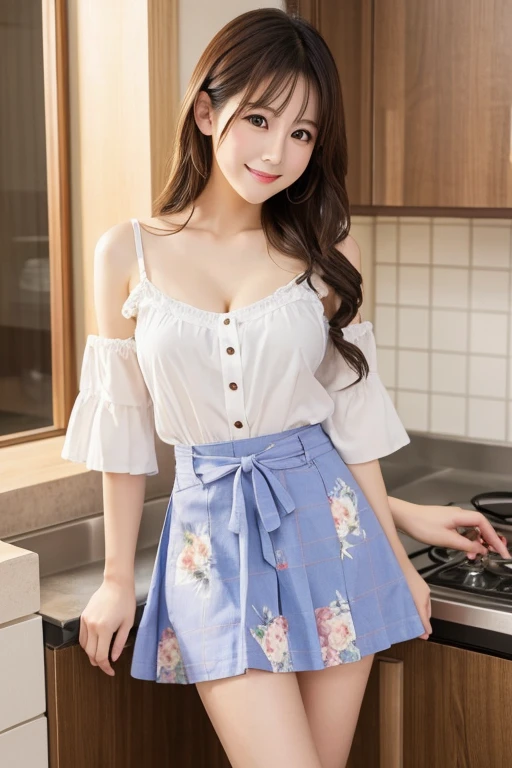 Cute Japanese Sexy Elegant In the room Home Summer clothes, white OL F Cup kitchen Skirt cooking medium hair, chest,