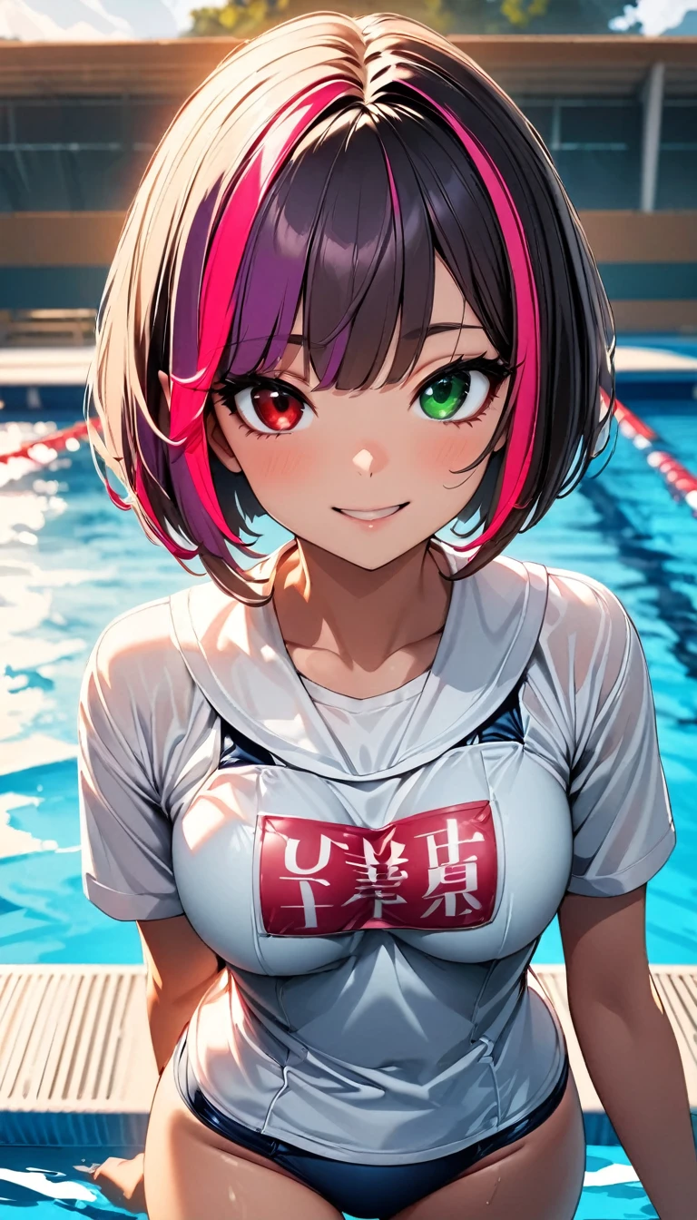 (highest quality:1.2, Very detailed, up to date, Vibrant, Ultra-high resolution, High Contrast, masterpiece:1.2, highest quality, Best aesthetics), Portraiture、girl、solo, (25-years-old:1), slim, , heterrochromia, green eye, red eye, Bright colors、Beautiful fine details、Beautiful lip detail、extra short hair, ((bob cut:1.5))、pink and purple, ((streaked hair:1.9)), (highlights hair: 1.6), (small breast:0.4), (wearing school swimsuit, (She has a white bib with her name "MIKU" written in large letters on her chest.)), swimming, school pool,cowboy shot:1,