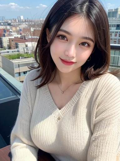 (best quality,8k,highres,masterpiece:1.2), realistic, photorealistic:1.37, UHD, studio lighting, sharp focus, extreme detail description, professional, vivid colors, bokeh, portraits, extremely detailed face texture, beautiful detailed eyes, beautiful detailed lips, extremely detailed hair, dark colored hair, youthful appearance, big round breast, cleavage, proportional eyes, seducing smile, clean and natural face, no makeup, bare face, indonesian face,