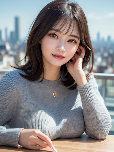 On the table, Highest quality, realism, The finer details, High resolution, 8k wallpaper, Perfect dynamic composition, Beautiful and delicate eyes, Medium Hair, Plump and large breasts, Casual and sexy pose,Random Case、Grey skinny sweater、Breast protrusion、Laughter、Overlooking the city、Age 25、(Droopy Eyes 1.3)、Adult Beauty、Natural Makeup、Japan