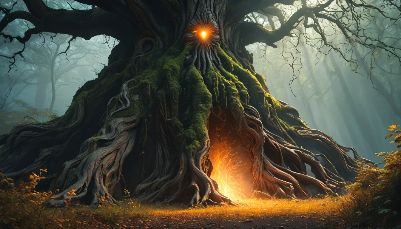 (best quality,4k,8k,highres,masterpiece:1.2),ultra-detailed,(realistic,photorealistic,photo-realistic:1.37),santient Ent the guardian of ancient forest,santient Ent,mystical tree creature,imposing old tree figure,otherworldly,terrifying,inhuman features and proportions,weathered tree,mystical aura,glowing fiery eyes,dark,ominous atmosphere,dramatic lighting,vibrant color,magical particles swirling around,wood energy emanating,powerful presence,ethereal beauty,herculean strength,captivating gaze,unsettling presence,haunting and mesmerizing,horrifyingly enchanting